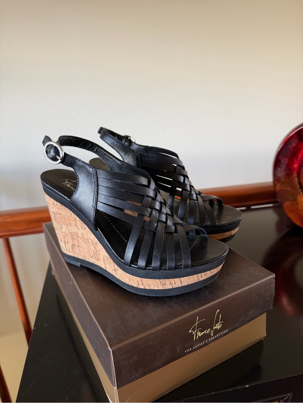 Franco Sarto Black Leather Wedge Sandals with Cork Platform